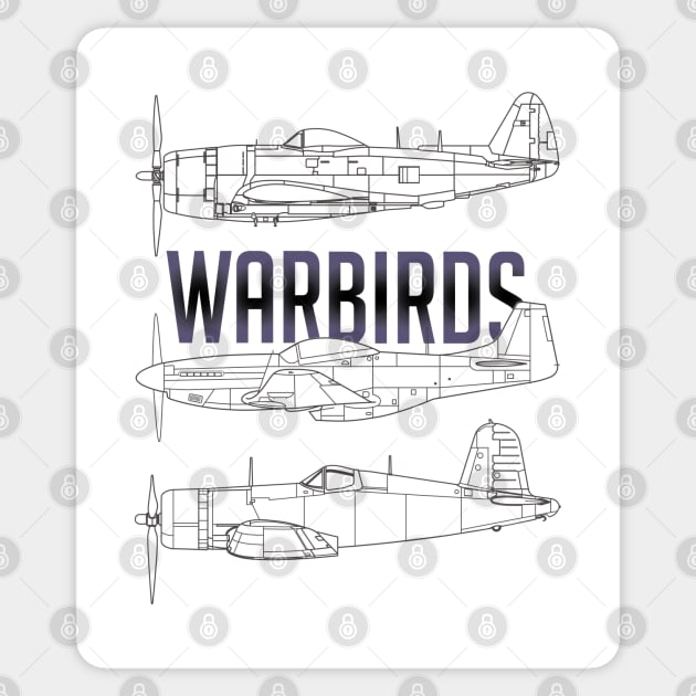 A Gathering of Warbirds: P-51 Mustang, P-47 Thunderbolt, F4U Corsair Sticker by Blue Gingko Designs LLC